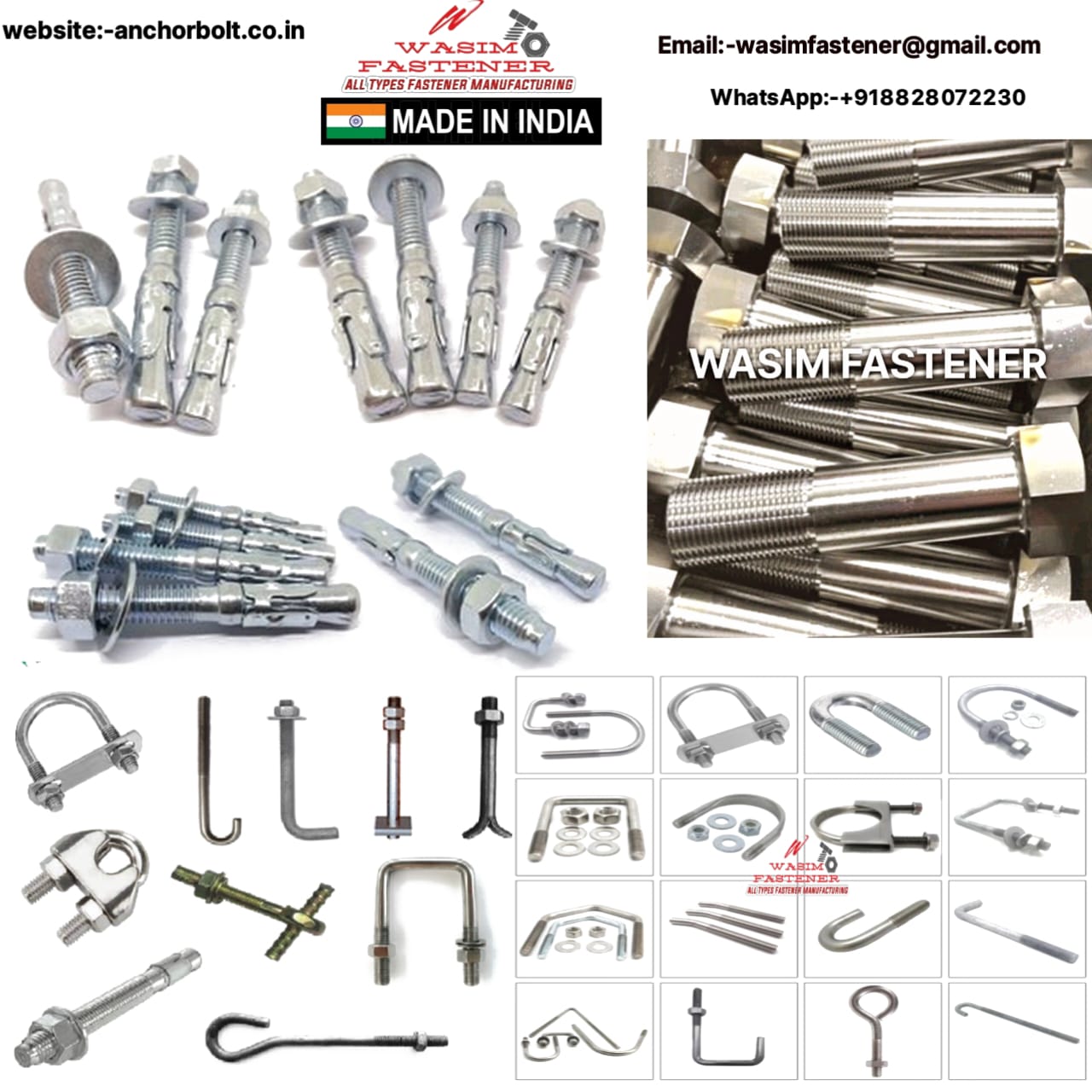 Anchor Fasteners Wedge Anchor Bolts Mechanical Anchors Expansion Bolts Through Bolts Chemical Anchors Drop-In Anchors Threaded Rods Stud Bolts Eye Bolts and Eye Nuts Bullet Fasteners Flanges Grub Screws Allen Bolts U Bolts, J Bolts, and V Bolts Foundation Bolts L Hooks, J Hooks, and V Anchors Nuts: Hex Nuts, Lock Nuts, Wing Nuts, Nylock Nuts Screws: Machine Screws, Wood Screws, Self-Tapping Screws Washers: Flat Washers, Spring Washers, Split Washers